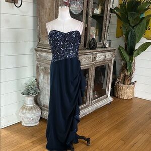 BADGLEY MISCHKA SEQUIN STRAPLESS EVENING GOWN DRESS 14  NAVY